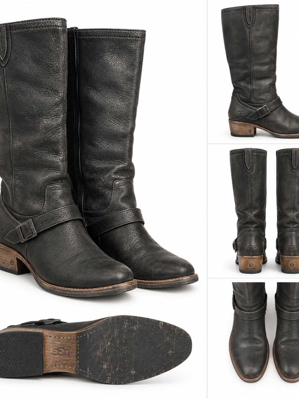 UGG Black Leather Mid-Calf Harness Riding Boots